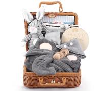 Vehoukli Windeltorte Coffret Cadeau Bébé Neutre - Ensemble 9 Pièces avec Doudou Lapin & Hochet en Bois - Cadeau de Naissance en Boîte Bambou pour Garçons Filles Fête Bébé (Lapin Gris, 9 Pièces)