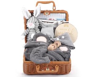 Vehoukli Windeltorte Coffret Cadeau Bébé Neutre - Ensemble 9 Pièces avec Doudou Lapin & Hochet en Bois - Cadeau de Naissance en Boîte Bambou pour Garçons Filles Fête Bébé