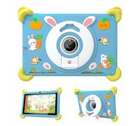 Veidoo Tablette Android pour enfants 7", 2 + 32 Go, double caméra, étui antichoc, support de lapin intégré, bandoulière amovible, processeur quadricœur, iwawaAPP, contrôle parental (bleu)