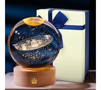 Veilleuse 3D en forme de boule de cristal avec système solaire - Système solaire - Avec socle LED en bois - Pour Noël, Thanksgiving, Saint-Valentin, anniversaire, décoration de la maison (système
