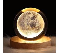 Veilleuse 3D en forme de boule de cristal pour enfants, lampe de nuit avec base en bois, décoration fantaisie, boule crsytale, lune, galaxie planète, veilleuse, cadeau, décoration de chambre