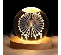 Veilleuse 3D en forme de grande roue de cristal pour enfants - Lampe de nuit en verre avec base en bois - Décor fantaisie - Grande roue - LED - Galaxie - Planète Décor de chambre à coucher