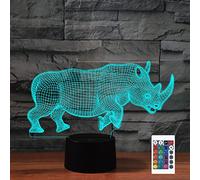 Veilleuse 3D Rhinocéros avec télécommande 16 couleurs - Illusion de veilleuse en acrylique LED Lampe de chevet pour chambre d'enfant Décoration de bureau Cadeau d'anniversaire