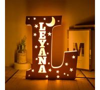 Veilleuse à DEL avec nom personnalisé - 26 lettres creuses avec étoiles - Lampe en bois pour famille, couple, chambre d'enfant (19 cm)