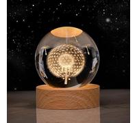 Veilleuse à projection en forme de boule de cristal 3D avec base en bois LED, cadeau pour Noël, Thanksgiving, anniversaire, décoration de chambre LED - Alimentée par USB avec interrupteur (pissenlit)