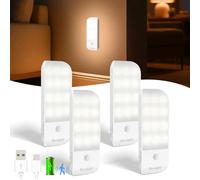 Veilleuse avec Détecteur de Mouvement, Lot de 4 Veilleuse LED Rechargeable Type-C avec 3 Modes d'éclairage, Lampe de Placard avec Bande Magnétique pour Armoire, Couloir, Escalier, Cuisine, Blanc Chaud