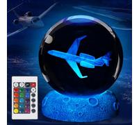 Veilleuse aviation, cadeau d'aviation, veilleuse en forme d'avion en forme de boule de cristal 3D avec télécommande améliorée de 8,9 cm, lampes pilotes avec 16 couleurs pour anniversaire, Noël,