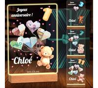 Veilleuse Bébé Personnalisé - Lampe de Chevet Enfant 1-12 Ans - Plaque Personnalisée LED pour Billet Argent - Cadeau Personnalisé Bebe Nounours - Cadeau Anniversaire Enfant - Maverton
