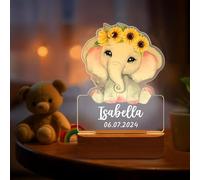 Veilleuse Bébé Personnalisée avec Prénom - Cadeau Naissance Original pour Garçon et Fille, Lampe de Chevet Enfant, Idée Cadeau Nouveau-né & Baptême, Déco Chambre Bébé Éléphant