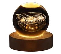 Veilleuse Boule De - Boule De du Systeme Solaire avec Base en Bois - Motif : Planète De La Voie Lactée - Lampe Boule De Lumineuse De 60mm pour Cadeaux d'enfant Astronomie