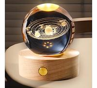 Veilleuse boule de cristal 3D avec socle en bois, USB 3D boule de cristal système solaire planètes 60 mm Boule en verre LED Système solaire Lampe en cristal Lampe cadeau pour femmes, enfants, amis,