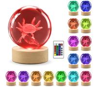 Veilleuse Boule de Cristal 3D Axolotl avec Télécommande, Lampe 16 Couleurs | boule de cristal K9 de 8 cm,Veilleuse magique avec modes Flash, Strobe, Fade et Smooth ,Contrôle par télécommande