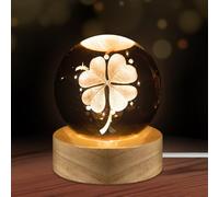 Veilleuse Boule de Cristal 3D, Boule de cristal trèfle à quatre feuilles, Lampe 3D avec LED Multicolore Base en Bois, Décoration de Bureau, Veilleuse - Cadeau - Décoration fantaisie de chambre