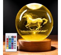 Veilleuse boule de cristal 3D en forme de cheval GOEDCH 8 cm avec socle en bois : veilleuse boule de cristal 3D avec télécommande, 16 couleurs disponibles, idéale pour Noël, Thanksgiving, la Saint-Val