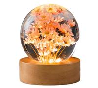 Veilleuse boule de cristal 3D en forme de fleur de 6,1 cm avec base en bois LED - Décorations cadeaux pour hommes, femmes, enfants, garçons et filles (marguerite rouge)