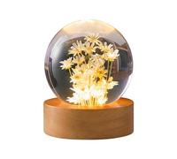 Veilleuse boule de cristal 3D en forme de fleur de 6 cm, lampe de nuit avec base en bois, lampe sphère de cristal avec marguerite perpétuelle pour décoration de table, cadeau d'anniversaire, de Noël