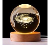 Veilleuse Boule de Cristal 3D Galaxie 8cm, Lampe Planète LED USB avec Base en Bois, Décoration Galaxy pour Famille Ami