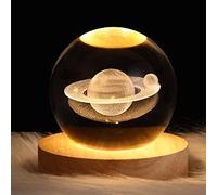 Veilleuse Boule de Cristal 3D Galaxie, Veilleuse Boule de Cristal Système Solaire LED avec Base en Bois, Lampe Boule de Cristal Planète Lune pour Garçons Filles Ami de la Famille(Saturne)