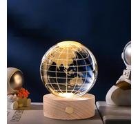 Veilleuse boule de cristal de terre 3D de 8 cm avec chargement USB et capteur tactile pour filles et femmes, veilleuse d'intérieur avec base LED blanche pour enfants, amis, cadeaux d'anniversaire