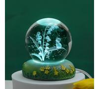 Veilleuse Boule de Cristal en Forme de Fleur de 6cm, Veilleuse Boule en Verre à 3D Sculptée Muguet Avec Base en Résine, Veilleuse en Cristal Décorative pour Chambre à Coucher d'enfants