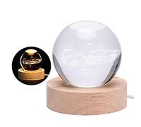 Veilleuse Boules de Cristal Galaxie 3D, Veilleuse Boules de Cristal du Système Solaire, Base de Lumière LED en Bois, Gravure Laser Planète Boules de Cristal Holographiques, Cadeau(système solaire)