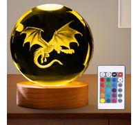 Veilleuse en boule de cristal 3D : 8 cm Dragon Boule de verre Lampe USB 3D Dragon Veilleuse, 16 couleurs Lumière Boule de verre Lampe de nuit avec socle en bois LED, pour Noël, Thanksgiving