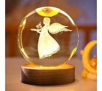 Veilleuse en Boule de Cristal 3D - Ange Lumineux - Décoration de Noël - Lampe en Verre Avec Socle en Bois - Cadeau pour Garçons et Filles (C)