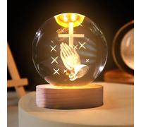 Veilleuse en boule de cristal 3D en prière avec socle en bois, décoration de Noël, lampe boule en verre, planètes lunes Jésus, cadeaux religieux pour la décoration intérieure (croix)