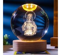 Veilleuse en boule de cristal - 6 cm - Décoration de Noël - Ange priant - Boule de cristal 3D - Veilleuse lumineuse avec socle en bois - Lampe en verre - Chargement USB pour Thanksgiving - Décoration
