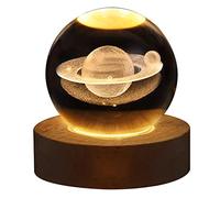 Veilleuse en Boule de Saturne - 6 cm - avec Socle en Bois - Lampe d'ambiance LED - pour Chambre à Coucher - Cadeau pour Enfants et Adultes
