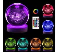 Veilleuse en forme de boule de cristal avec système solaire 3D de 8,9 cm, 16 couleurs changeantes, lampe spatiale avec télécommande, base en bois LED, cadeau d'astronomie pour enfants, garçons et