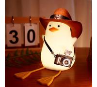 Veilleuse en forme de canard de cowboy, jolie lumière de canard avec chapeau de cowboy, mini appareil photo, couleur chaude, cadeau d'anniversaire, de Noël, de baptême pour bébés, filles et garçons