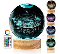Veilleuse en Forme de planète 3D en Forme de Boule de Cristal - Système solaire de 8 cm - 16 Couleurs - avec Base en Bois - Boule à Neige en Verre gravée au Laser - Cadeau pour Femmes, Enfants, Amis