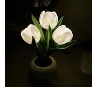 Veilleuse en forme de tulipe avec vase en céramique - Lampe de table LED avec batterie - Décoration pour la maison, le salon, le mariage, idée cadeau (blanc)