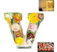 Veilleuse florale en résine - Lettres de l'alphabet en résine pressées avec lumière LED - Lettres de l'alphabet séchées - Cadeau d'anniversaire pour mère, épouse, petite amie, elle (V)