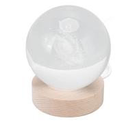 Veilleuse Galactique, 3D 8cm Boule de Cristal Lumineux Intérieur Sculpté Veilleuse, Base de 7cm en Bois Prise Directe Interface USB Lampe de Lune de Table(Lumière Chaude)