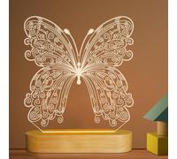 Veilleuse illusion d'optique 3D en forme de papillon pour enfants, bébés, filles, décoration de chambre à coucher, cadeau de décoration de chambre à coucher, couleur blanc chaud, base en bois, lampe