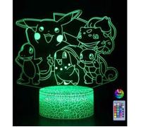 Veilleuse Lampe de nuit 3D Pokemon Pikachu Lampe de chevet LED télécommande Touche 16 Couleurs Changeantes Prise USB, .