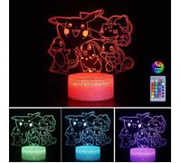 Veilleuse Lampe de nuit 3D Pokemon Pikachu Lampe de chevet LED télécommande Touche 16 Couleurs Changeantes Prise USB