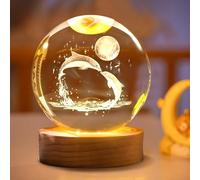 Veilleuse LED en forme de boule de cristal 3D gravée au laser - Lampe de nuit en verre de 6 cm - Avec socle en bois - Chargement USB - Veilleuse pour la décoration de la maison - Beau cadeau (C)