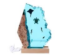 Veilleuse LED en Résine Recyclée de 8 Pouces - Lampe Océan Sous-marine avec Tortue de Mer, Raie Manta et Plongeur - Base en Bois