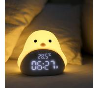 Veilleuse LED pour enfants - Réveil mignon en forme de petit oiseau avec affichage de la température et de l'heure - Luminosité réglable - Lumière chaude LED non vacillante - Fonction de