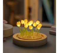 Veilleuse romantique en forme de tulipe avec pétales en verre et base en bois, crée une lueur douce pour la chambre à coucher ou le bureau, pour filles et femmes (16 jaunes)
