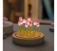 Veilleuse rose - Lampe en forme de fleur en verre avec base en bois, décor floral romantique pour chambre à coucher ou bureau, petite lampe de chevet esthétique pour filles et femmes (13 violet)