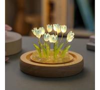 Veilleuse tulipe en verre et bois, lueur douce pour chambre à coucher ou bureau, ajoute une touche florale charmante pour filles et femmes (9 bleu)