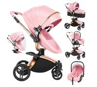 Veitoalioy Cuir PU Poussette 3 en 1, 360°Siège Pivotant Poussette Bebe Pliante, Haute vue Poussant Avant Et Arrière, Système De Voyage Pour Bébé 0-36 Mois (906 Pink)