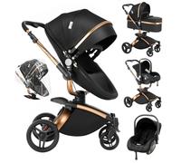 Veitoalioy Cuir PU Poussette 3 en 1, 360°Siège Pivotant Poussette Bebe Pliante, Haute vue Poussette Poussant Avant Et Arrière, Système De Voyage Pour Bébé 0-36 Mois (906 Black)