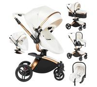 Veitoalioy Cuir PU Poussette 3 en 1, 360°Siège Pivotant Poussette Bebe Pliante, Haute vue Poussette Poussant Avant Et Arrière, Système De Voyage Pour Bébé 0-36 Mois (906 White)