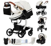 Veitoalioy Cuir PU Poussette 3 en 1, Portable Poussette Bebe Pliante, Haute vue Poussant Avant Et Arrière, Système De Voyage Pour Bébé (L518 White)