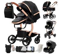 Veitoalioy Cuir PU Poussette 3 en 1, Portable Poussette Bebe Pliante, Haute vue Poussant Avant Et Arrière, Système De Voyage Pour Bébé (L518 Black)